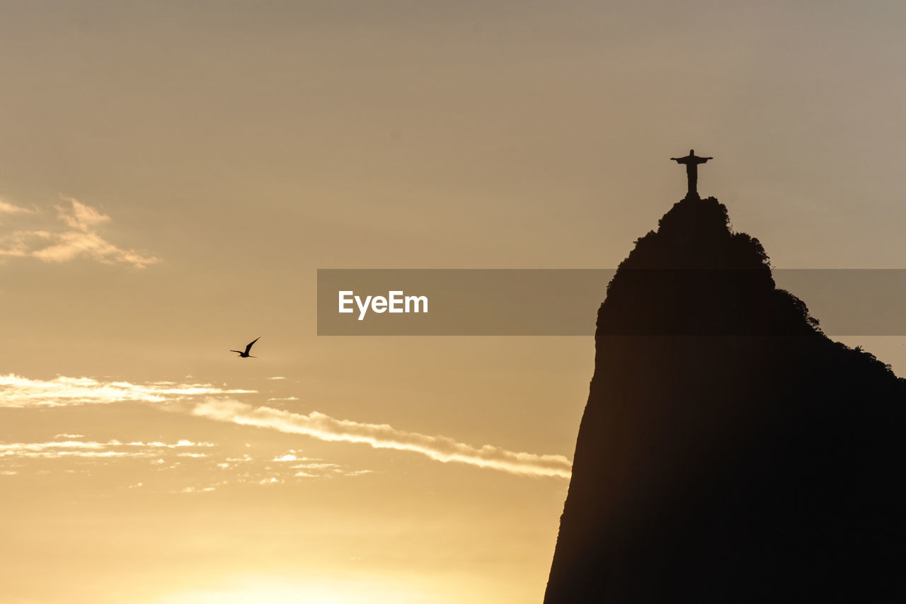 LOW ANGLE VIEW OF SILHOUETTE BIRD FLYING AGAINST SKY DURING SUNSET