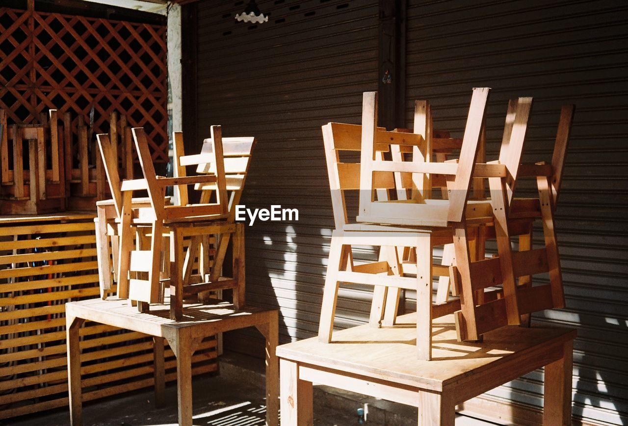 Chairs stacked on tables