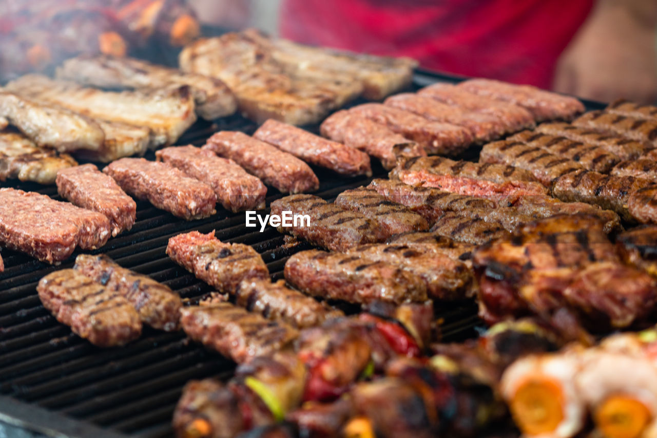 high angle view of meat on barbecue grill