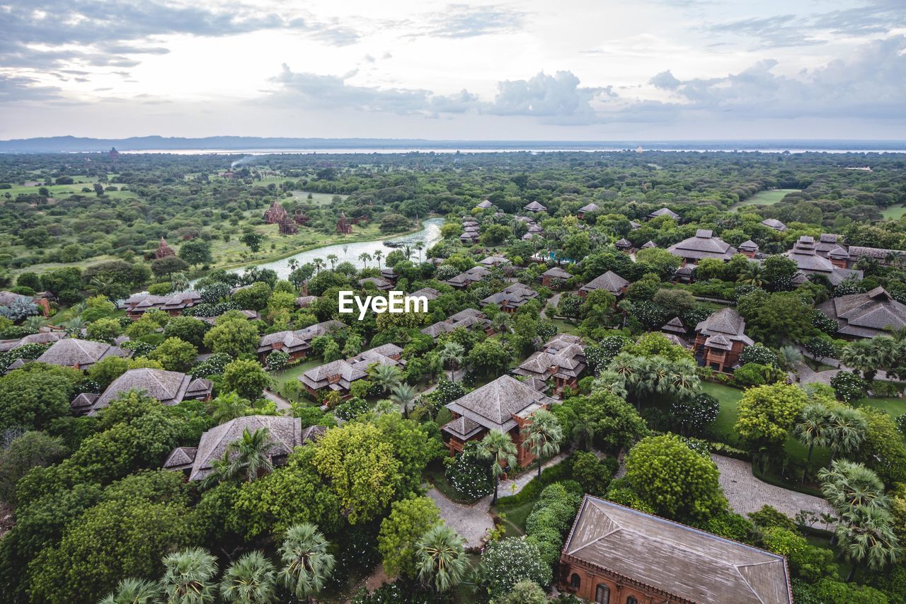 High angle view of hotel complex hidden in nature