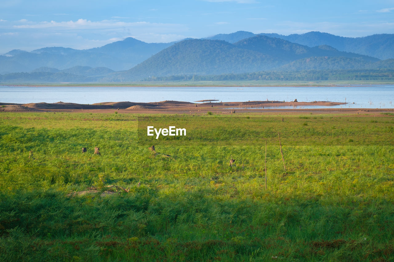 SCENIC VIEW OF FIELD AGAINST MOUNTAIN RANGE