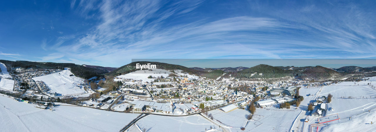 Aerial view of willingen. hotels and restaurants, viaduct, ski slopes sonnenlift and ritzhagen.