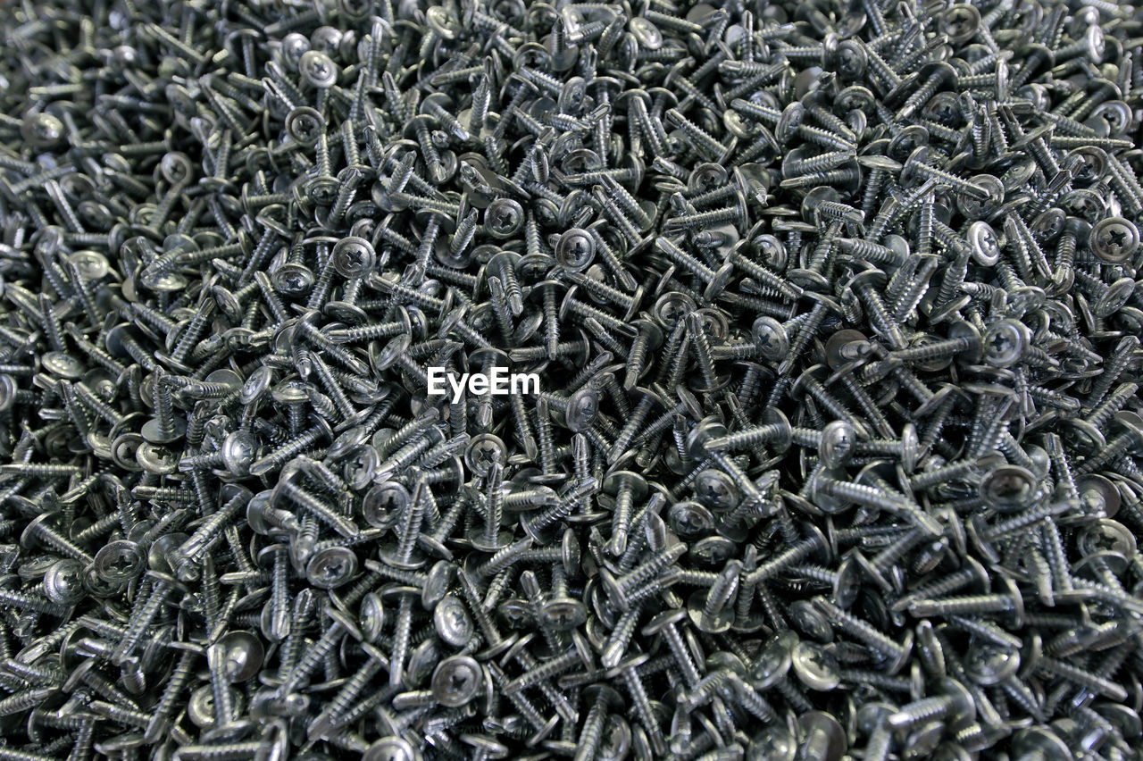 Full frame shot of screws in factory