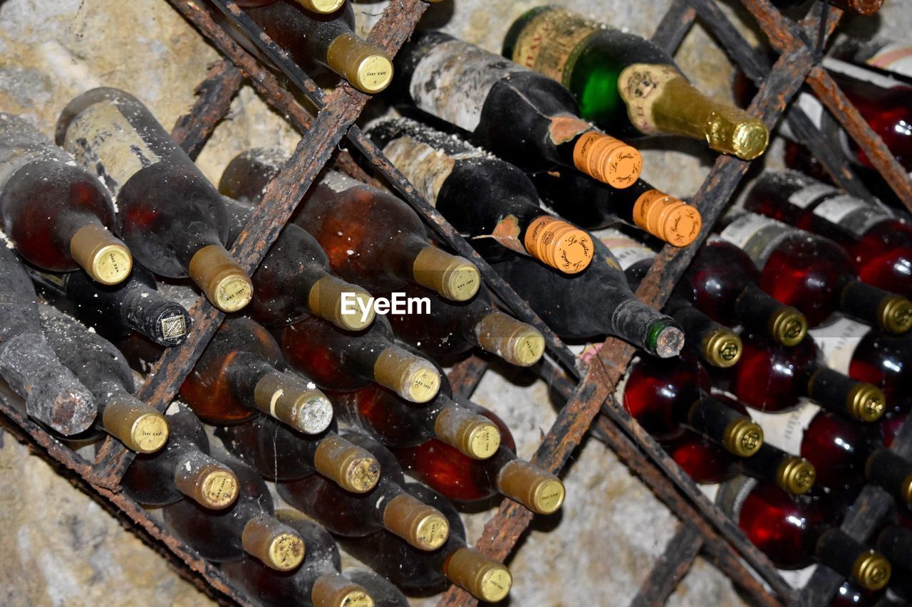 Old wine bottles in rack