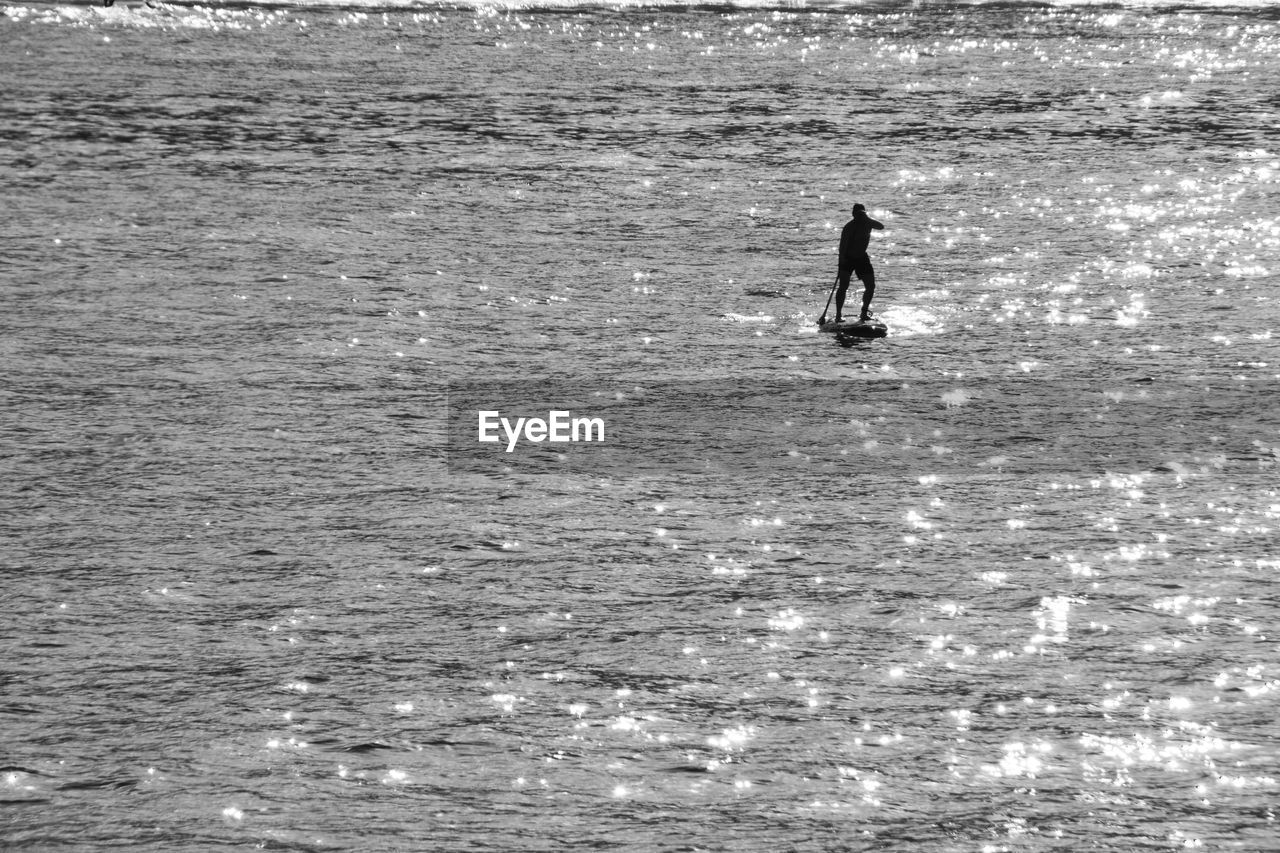 Silhouette man paddleboarding on sea