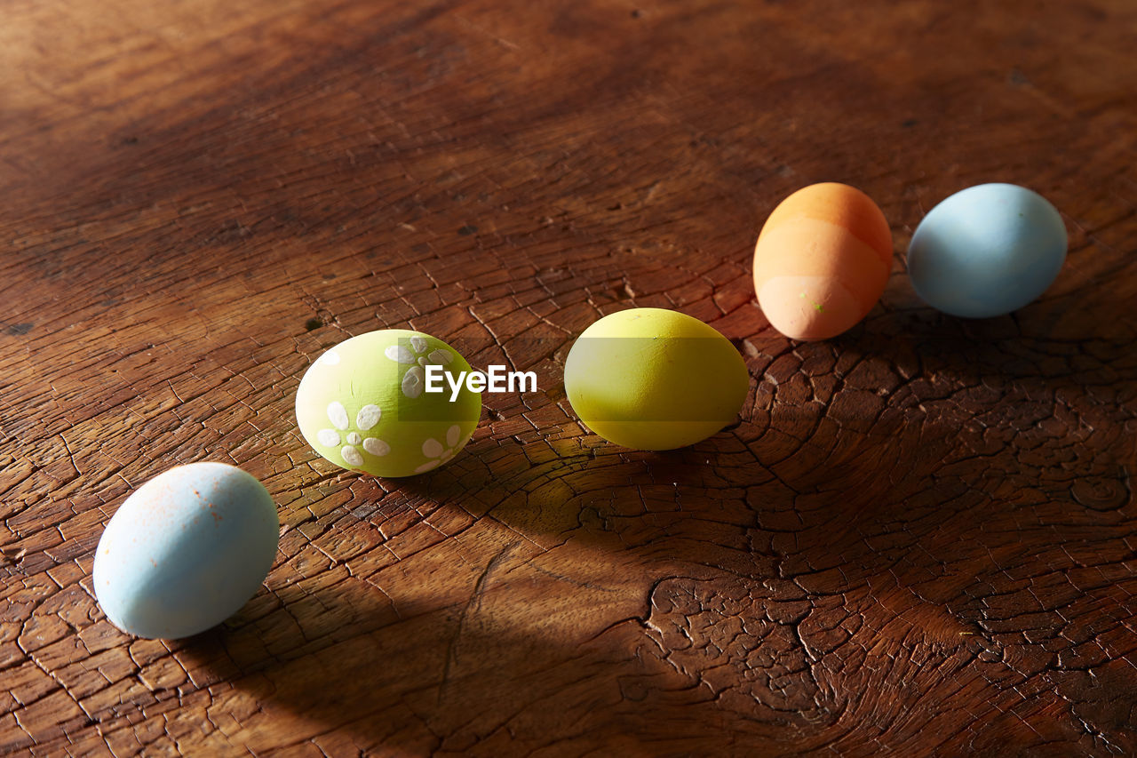 High angle view of eggs on table