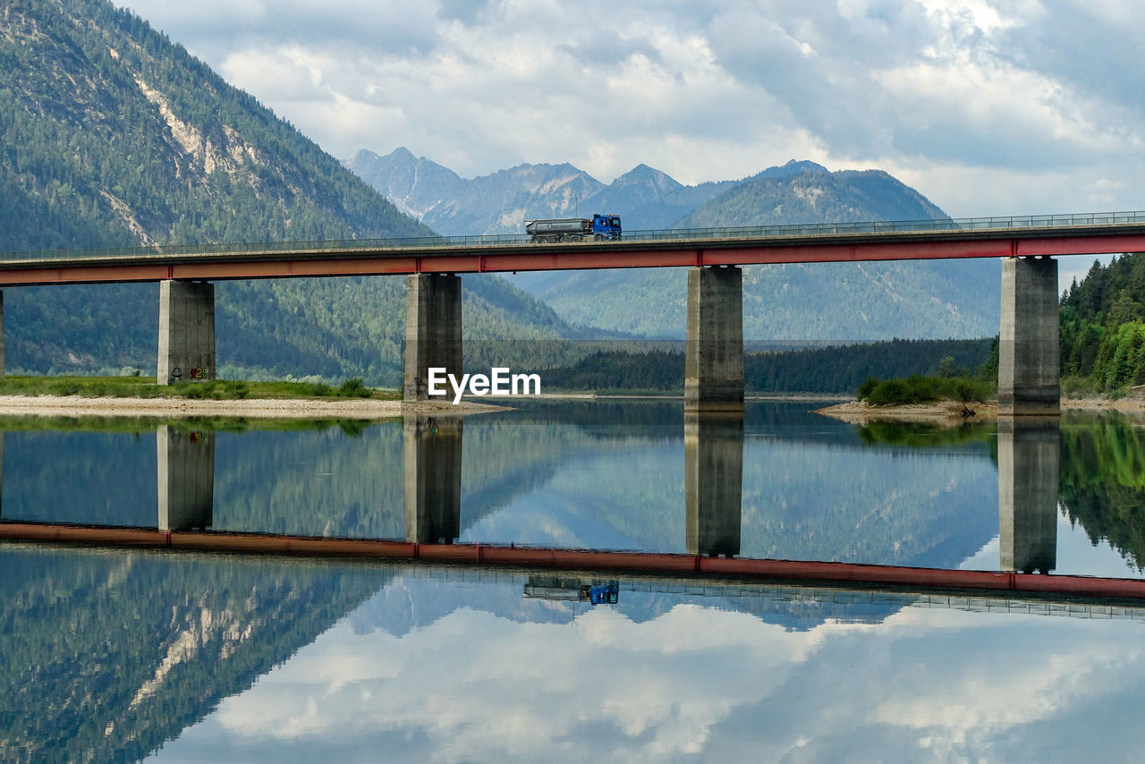 Reflection of bridge on water against sky
