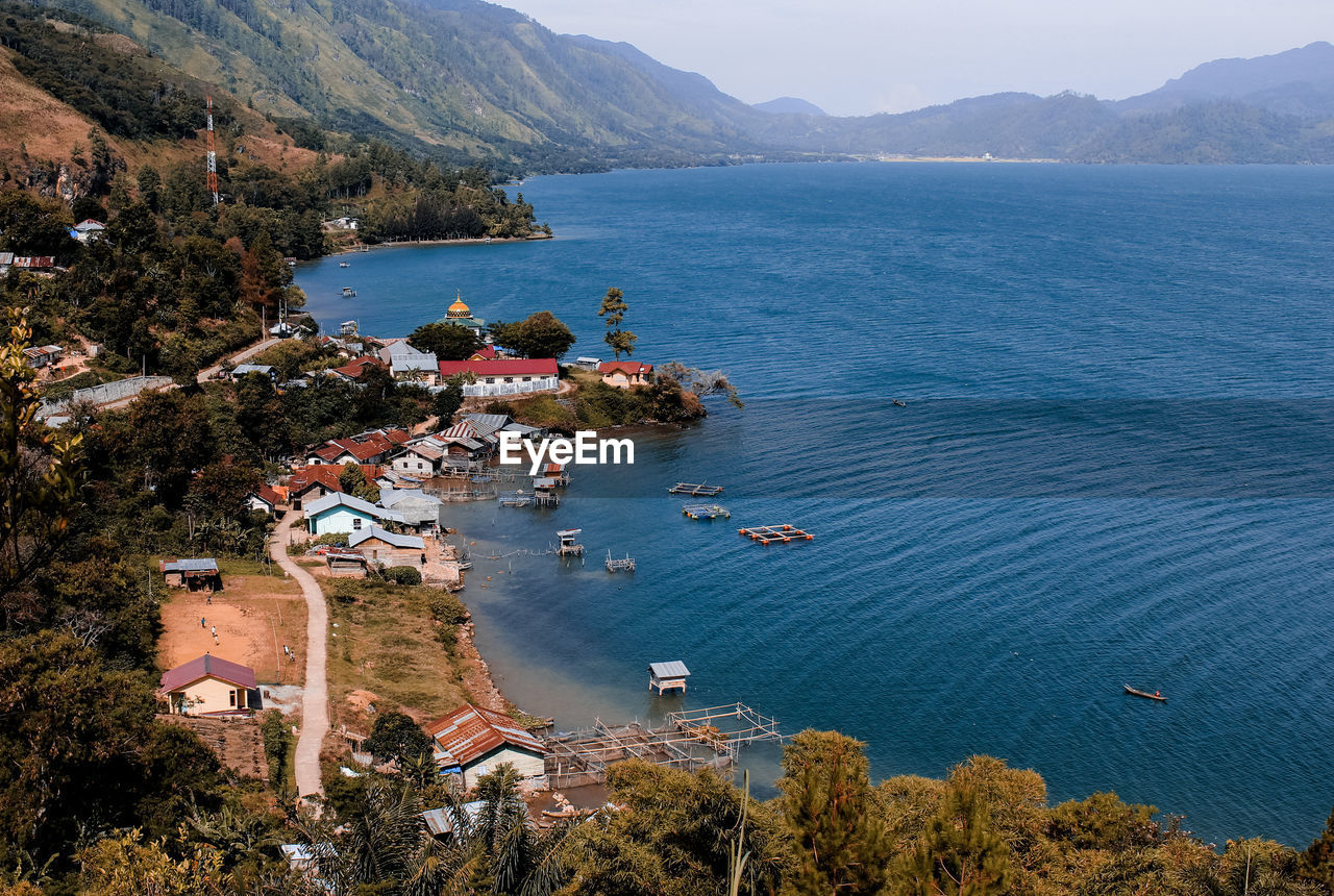 High angle view of sea and mountains