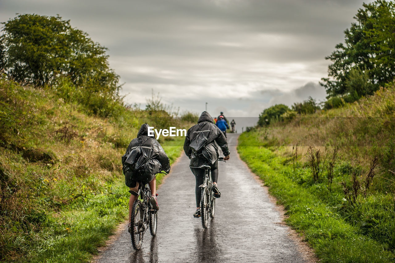 People cycling on wet road amidst trees against cloudy sky