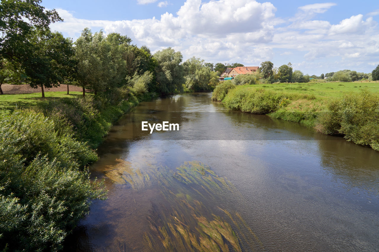 Scenic view of green landscape with river and farmhouse against sky