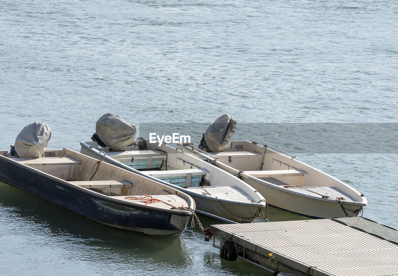 HIGH ANGLE VIEW OF BOAT MOORED IN LAKE