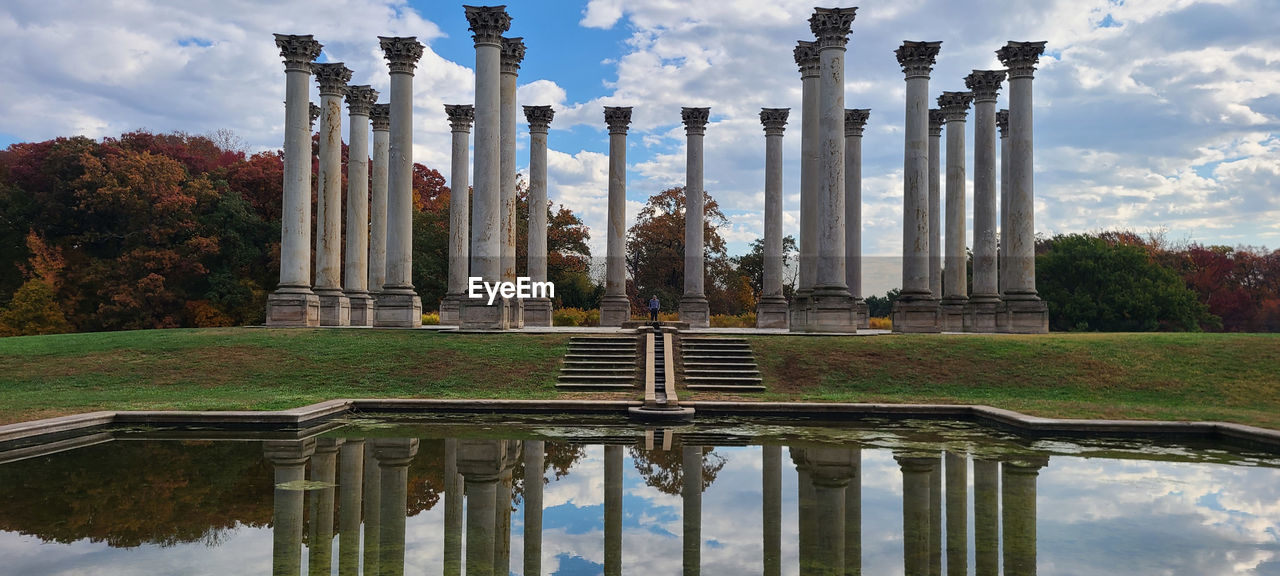 landmark, architecture, cloud, sky, built structure, water, architectural column, reflection, travel destinations, nature, history, the past, travel, tourism, building exterior, plant, no people, city, religion, outdoors, tree, lake, day, politics and government, memorial, environment, belief