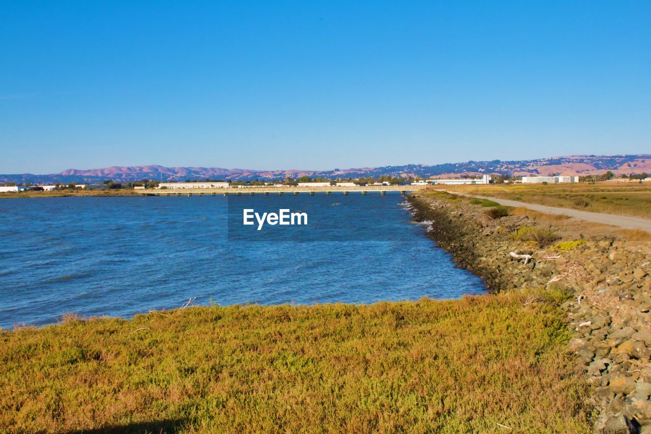 Scenic view of sea against clear blue sky