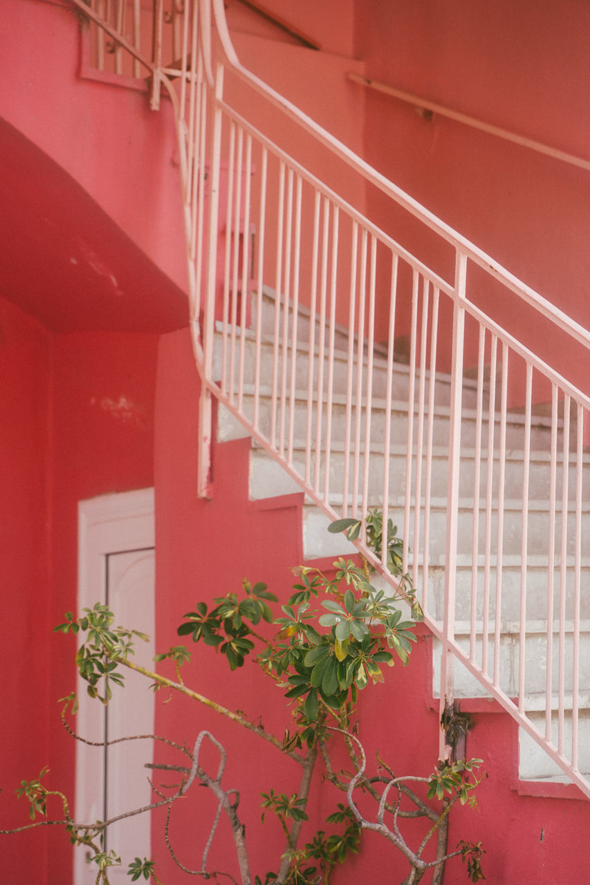 architecture, red, built structure, wall, building exterior, railing, plant, staircase, stairs, steps and staircases, building, no people, balcony, nature, house, wall - building feature, interior design, handrail, residential district, facade, day, outdoors, growth, window covering