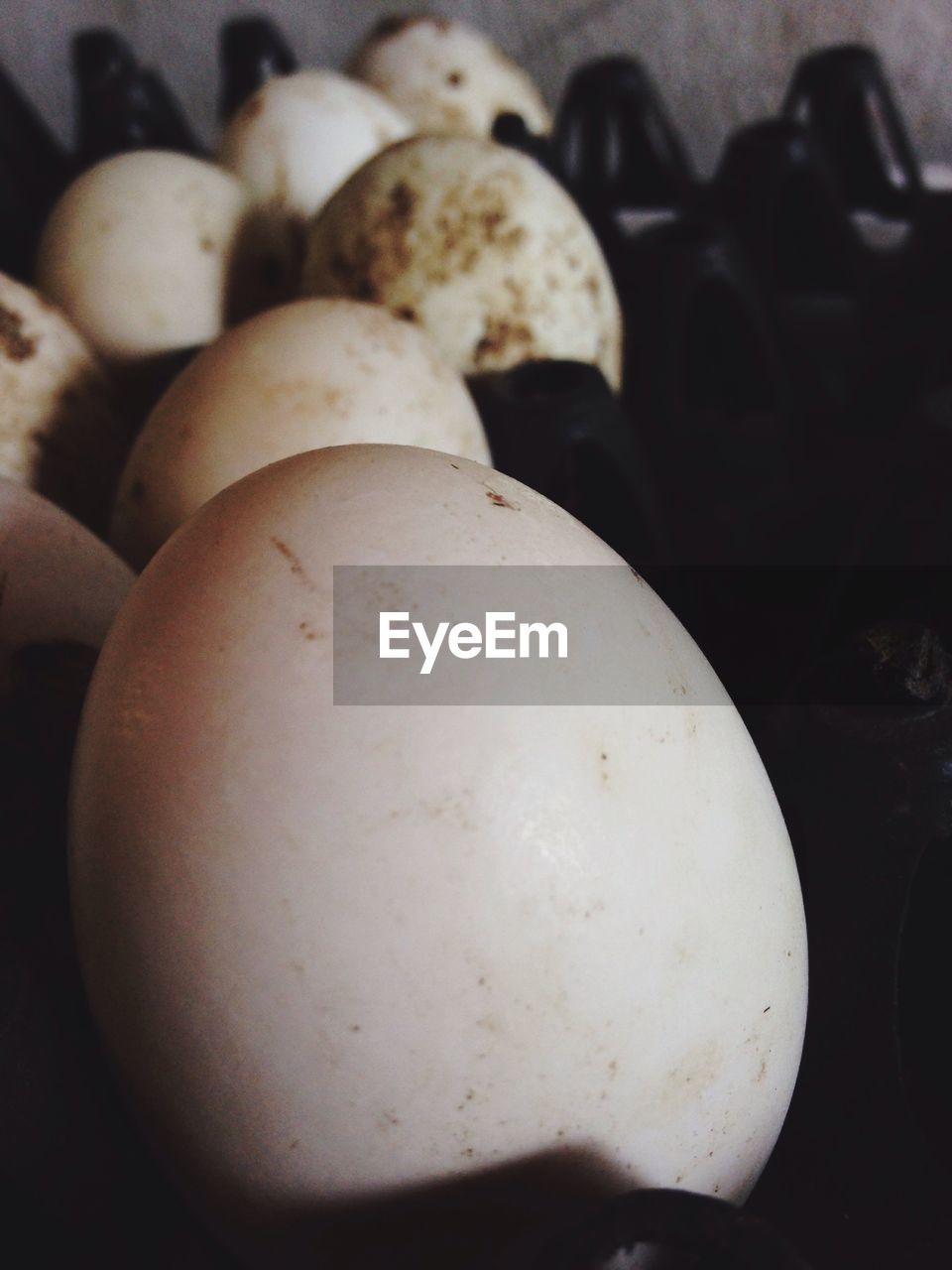 Close-up of eggs on crate