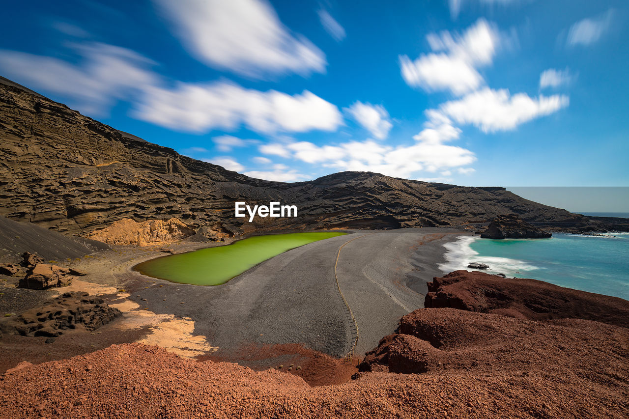 Scenic view of sea and mountains against sky