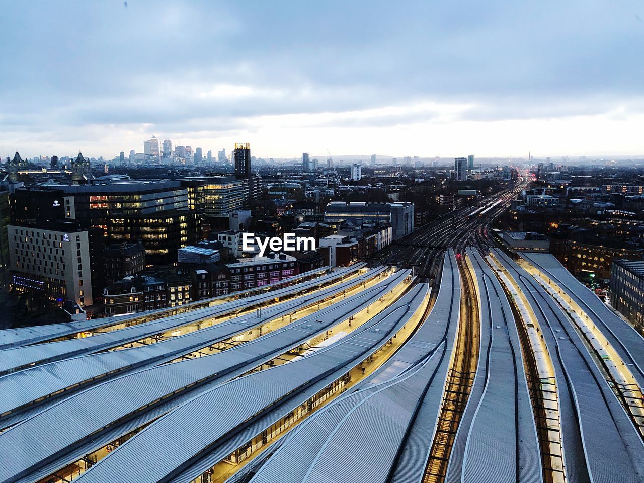 High angle view of railroad tracks against sky london bridge train station skyline shard