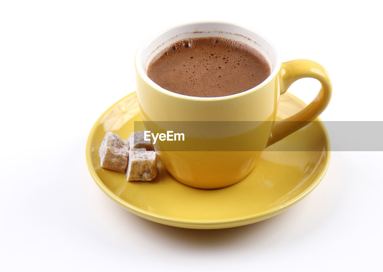 CLOSE-UP OF COFFEE SERVED ON TABLE AGAINST WHITE BACKGROUND