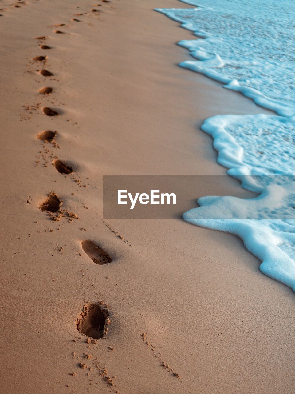 High angle view of footprints on wet sand at beach