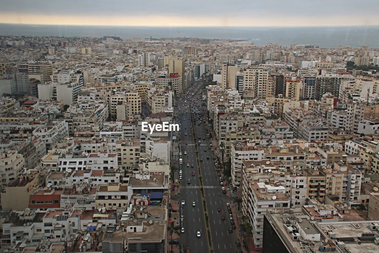 High angle view of modern buildings in city