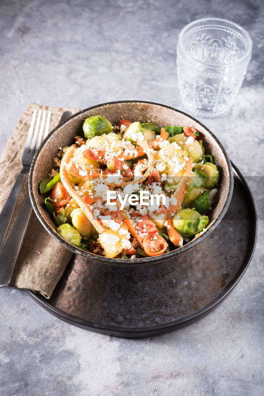 High angle view of food served in bowl on table