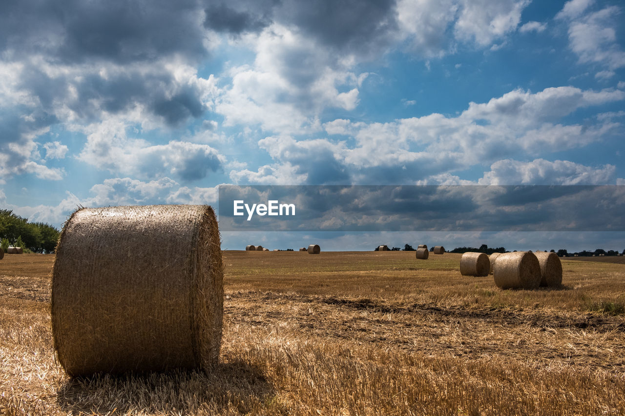 Hay bales on field against sky