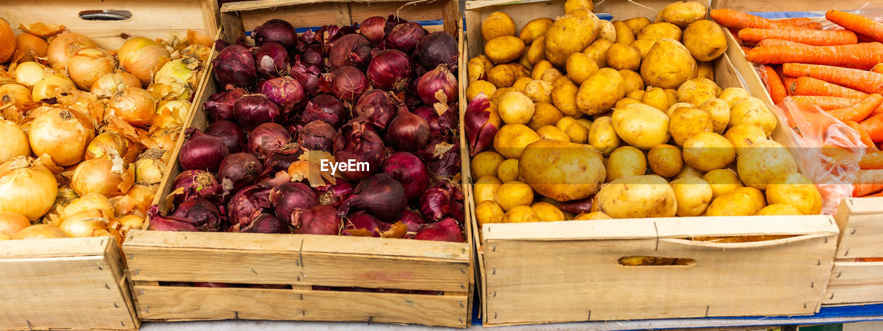 high angle view of fruits for sale in market