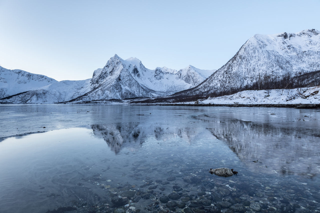 Scenic view of lake and snowcapped mountains against sky