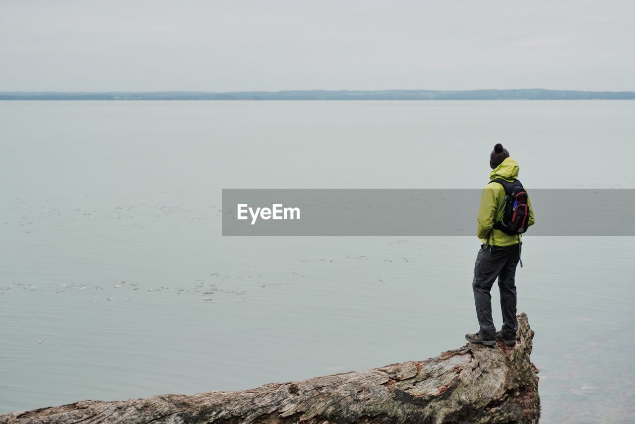 Man standing by lake on wood