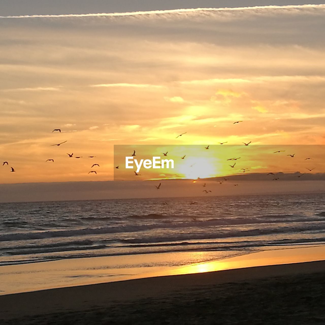 SCENIC VIEW OF SEA AGAINST ORANGE SKY