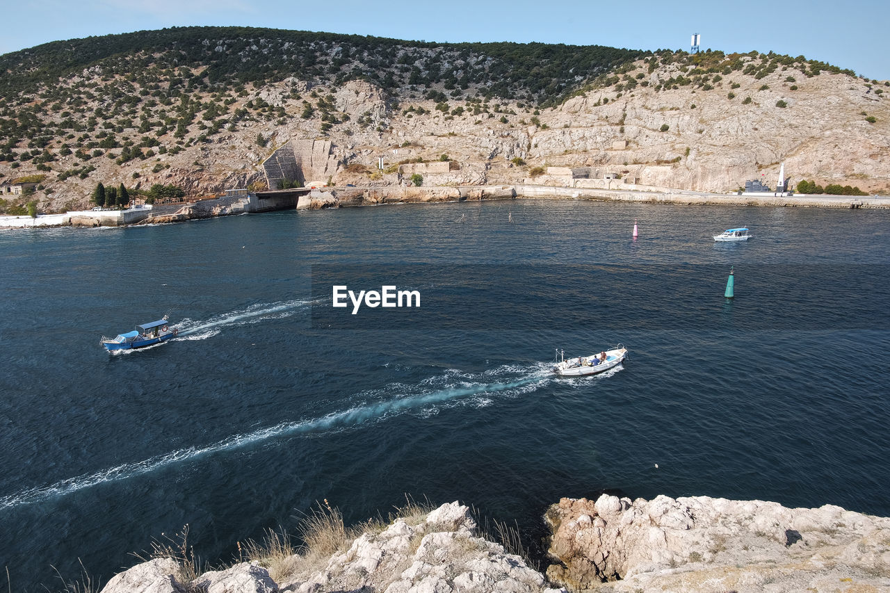 Crimea. balaklava. october 2010. bay. top view of the sea with boats