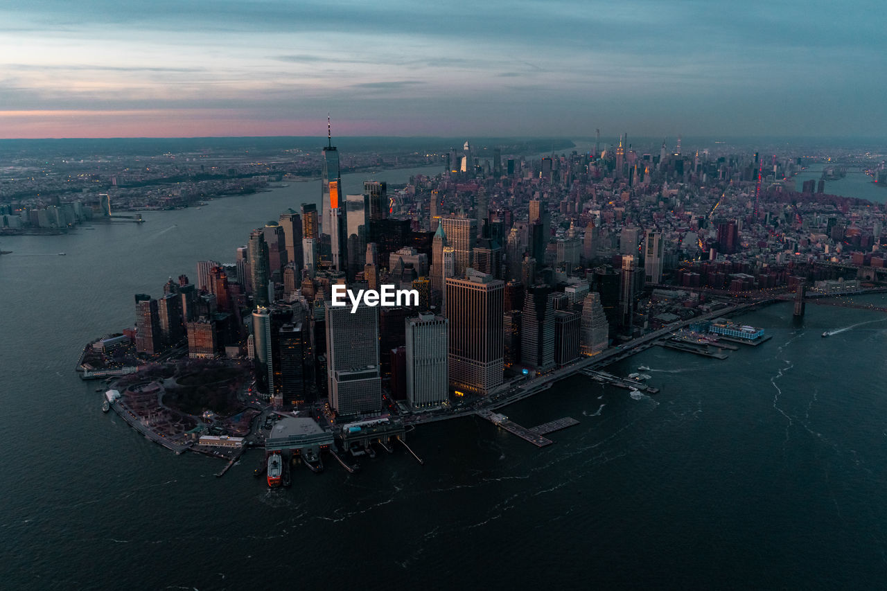 New york city at sunset as seen from a helicopter 