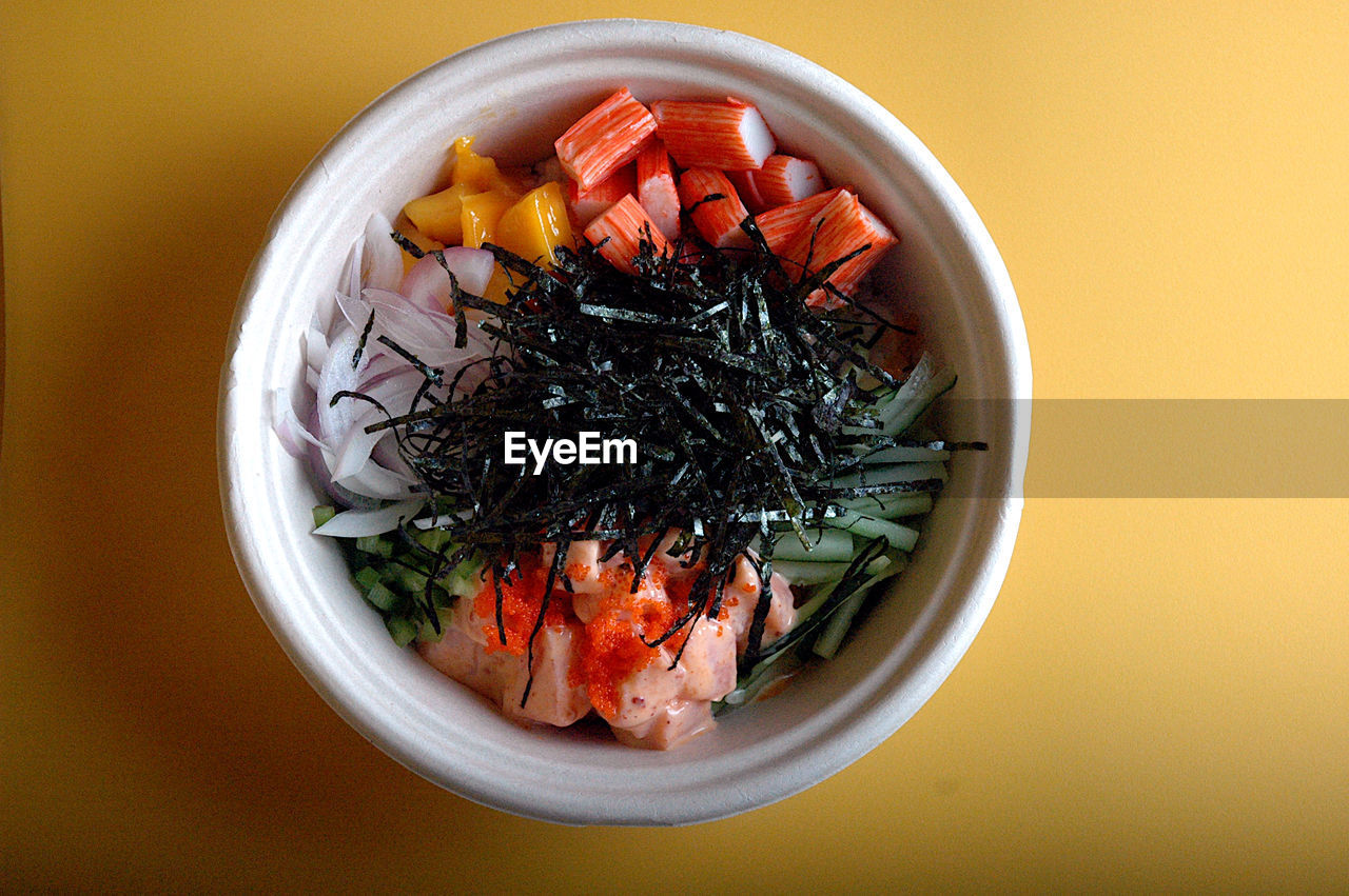 High angle view of chopped vegetables in bowl