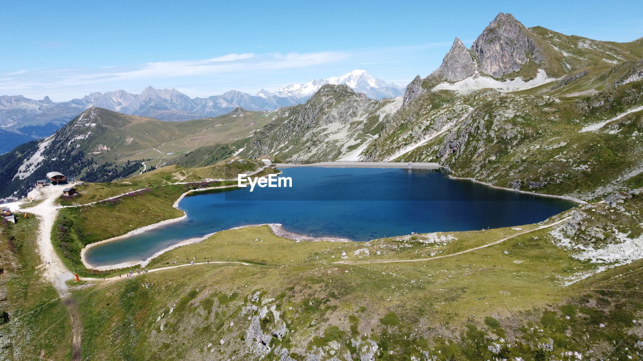 Scenic view of lake and mountains against sky