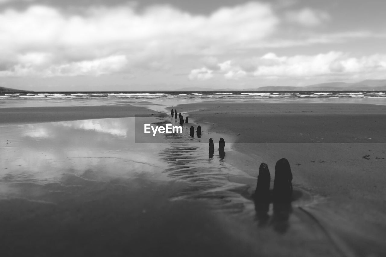 Row of stones on beach at dusk