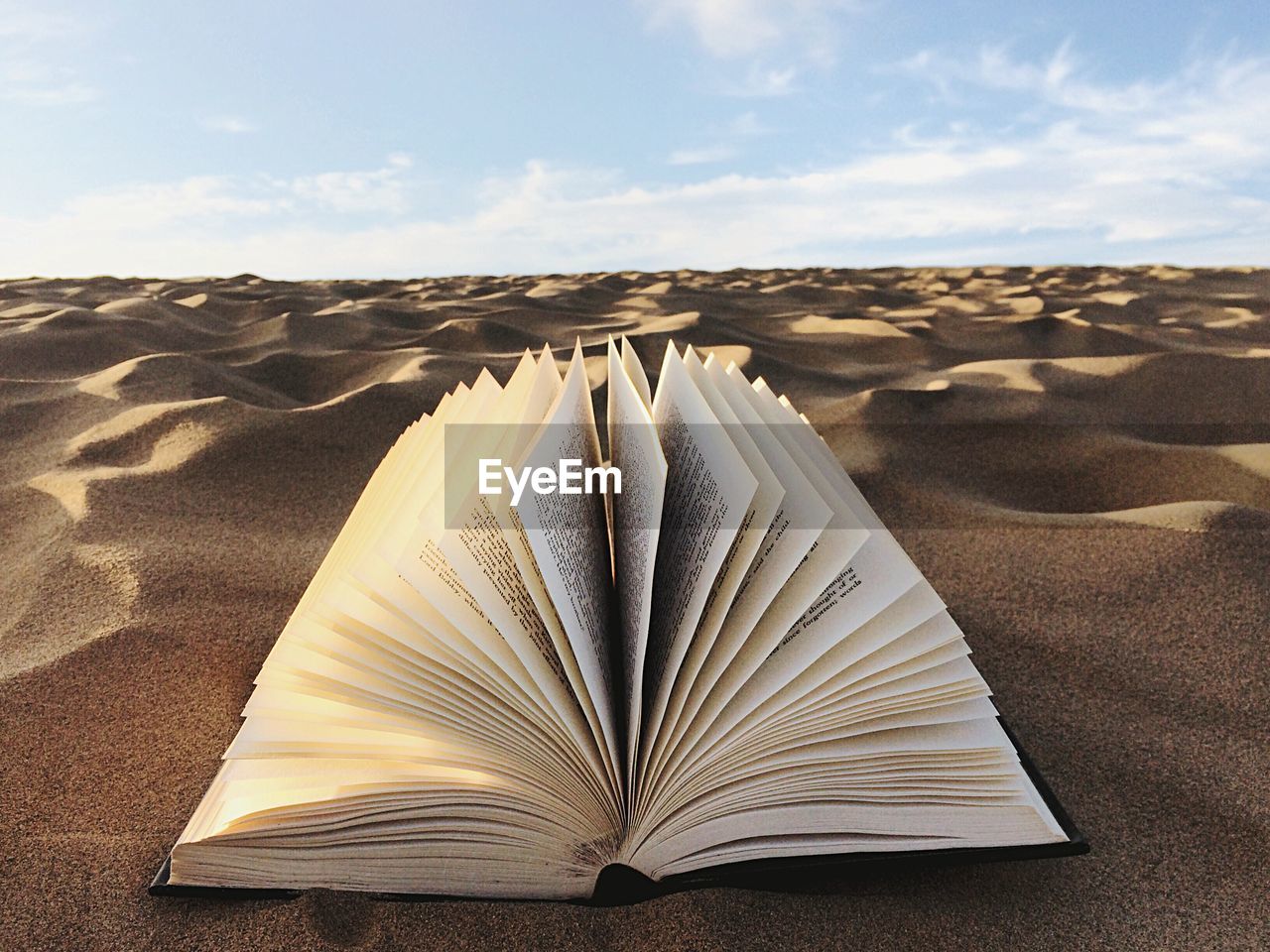 Close-up of open book on sand