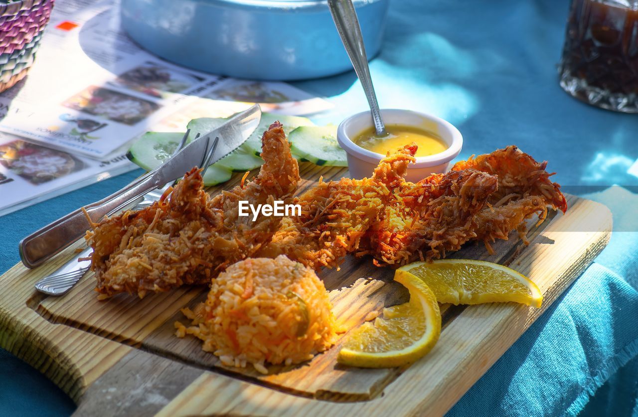 high angle view of seafood on table