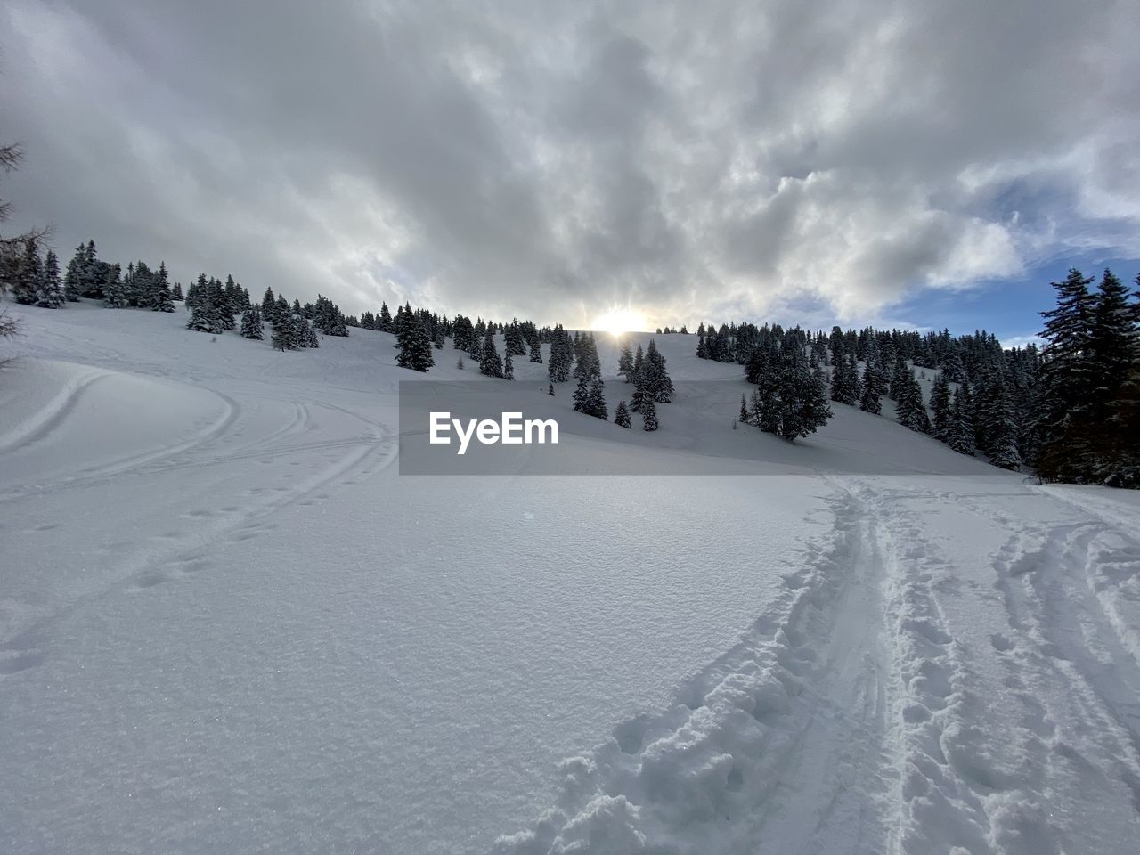 SCENIC VIEW OF SNOW COVERED LANDSCAPE AGAINST SKY