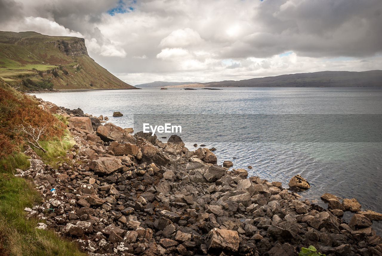 Scenic view of lake against cloudy sky