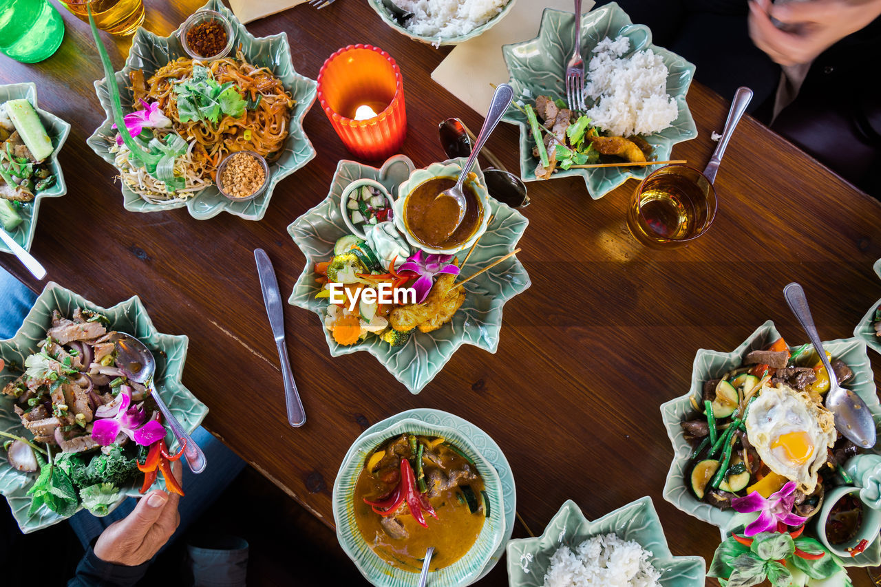 High angle view of people having food