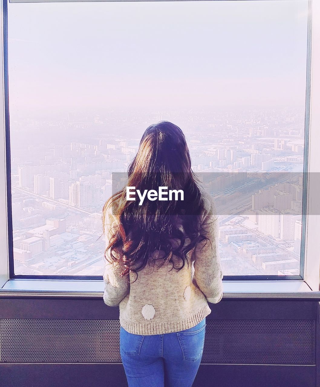 Rear view of woman looking at cityscape through window