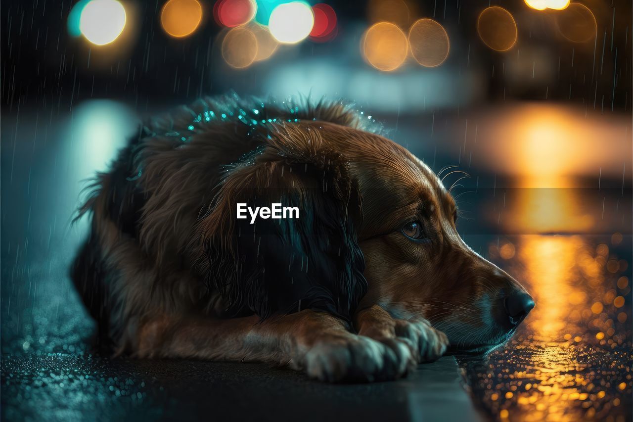 Homeless abandoned dog with sad smart eyes lying on the street. rainy day. generative ai.