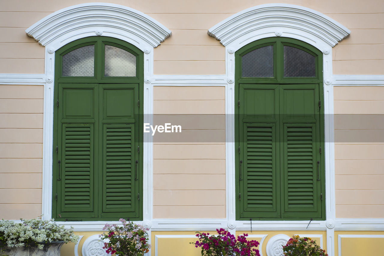 Double wooden shutters old vintage style exterior decoration, green windows