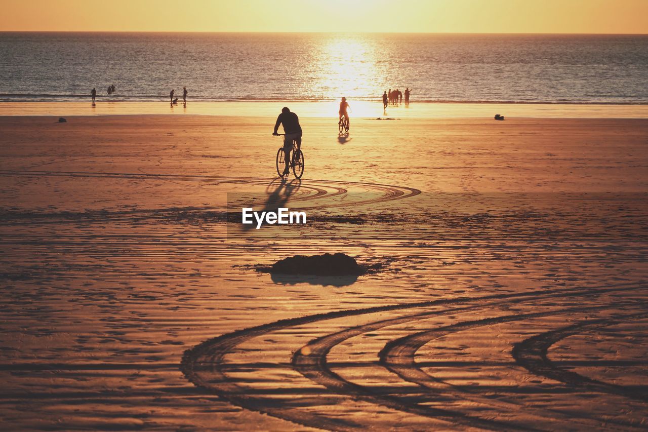 Silhouette man riding bicycle on sand against sea at beach