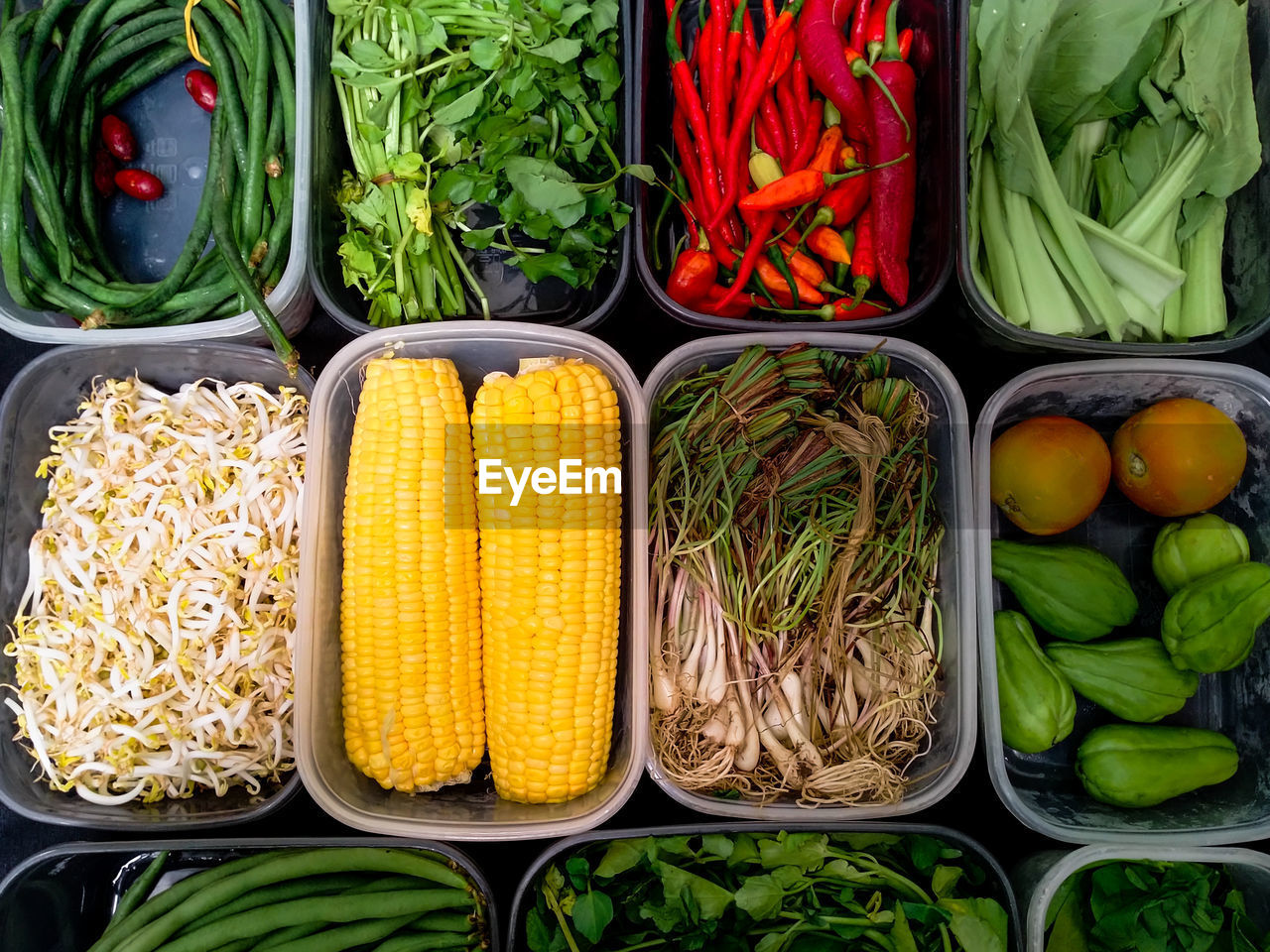 High angle view of vegetables for sale in market