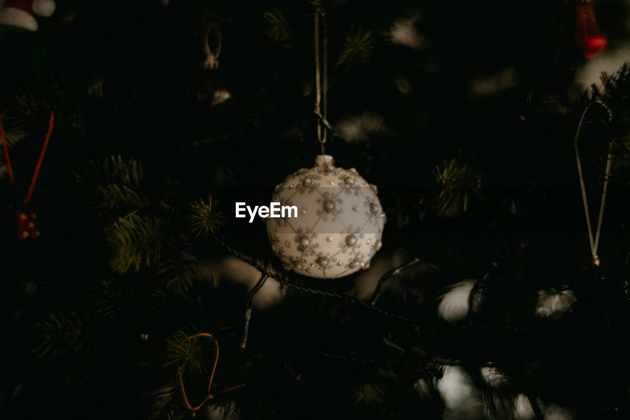 Decorations and ornaments hanging on a christmas tree in the festive season, indoors