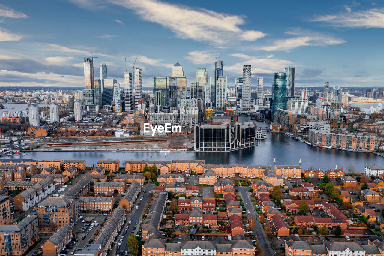 London, england - aerial panoramic skyline view of bank and canary wharf