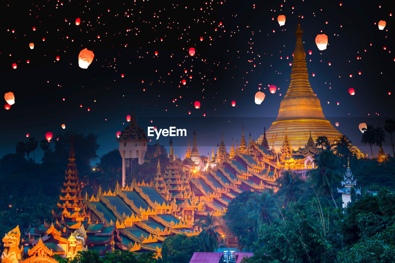 Myanmar view of shwedagon pagoda a night, shwedagon pagoda with larntern, yangon, myanmar.