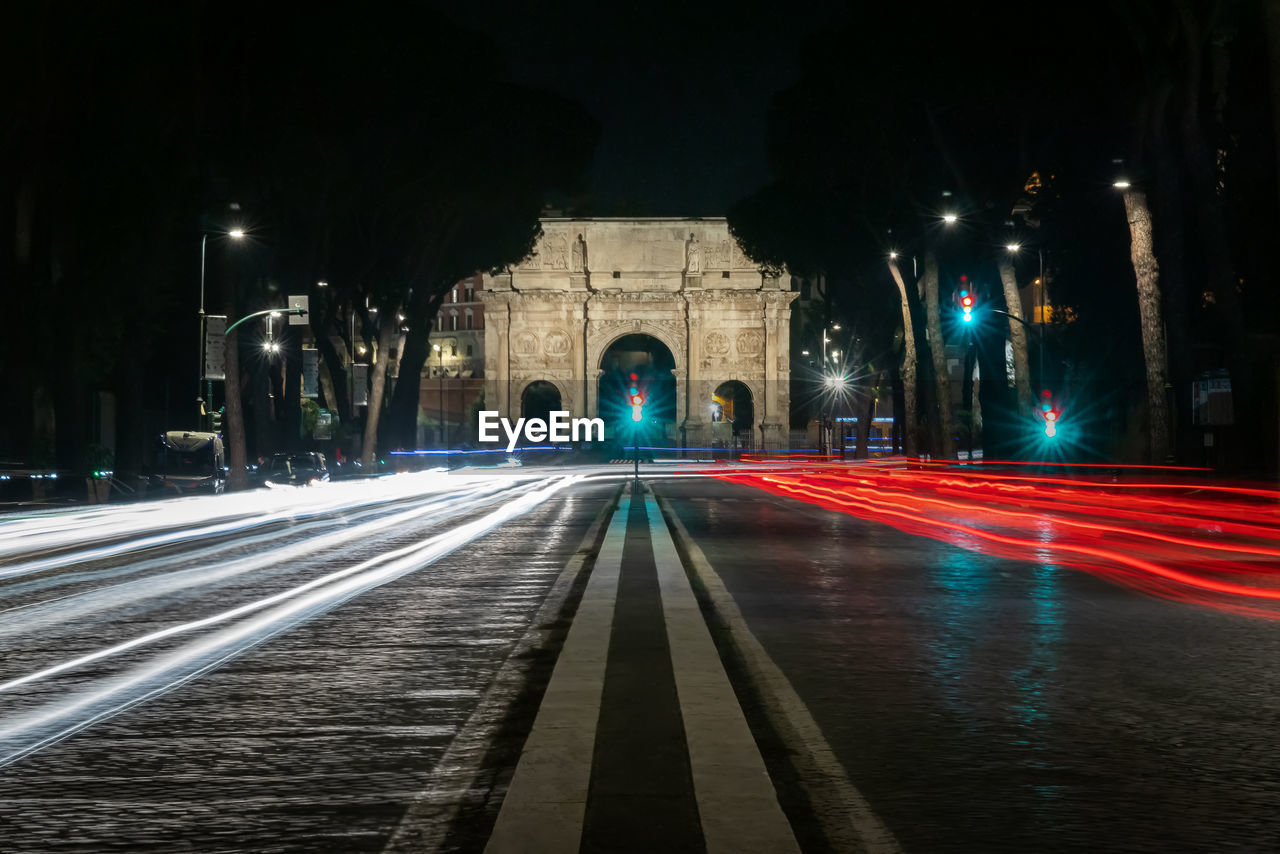 Light trails on road at night