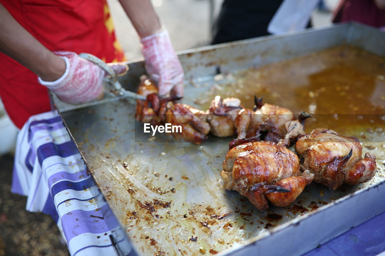 Midsection of man preparing chicken